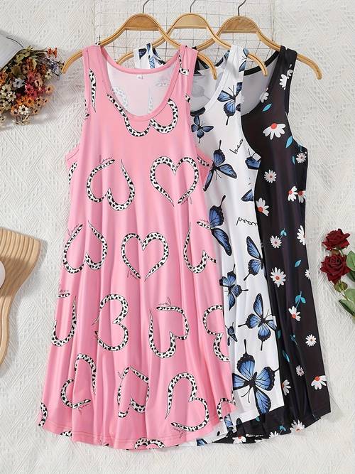 3pcs womens plus size sleepwear set casual nightgowns with cartoon hearts butterflies lightweight stretch fabric fall autumn nightwear print design lightweight fabric