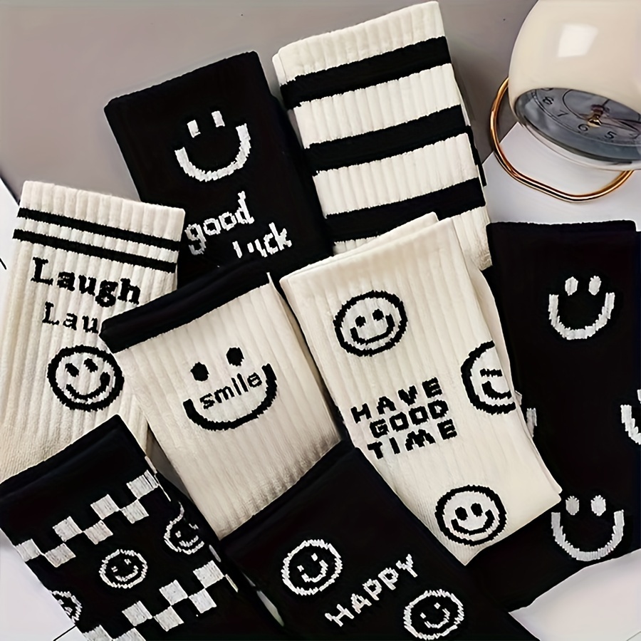 

8 Pairs Black And White Smiling Face Mid-calf Socks, Casual Preppy Style Socks, Women's Stockings & Hosiery