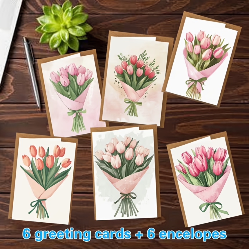 TEMU Un ensemble de 12 cartes de vœux d'anniversaire avec enveloppes, ornées d'un bouquet de tulipes roses, parfaites pour la Saint-Valentin, les
