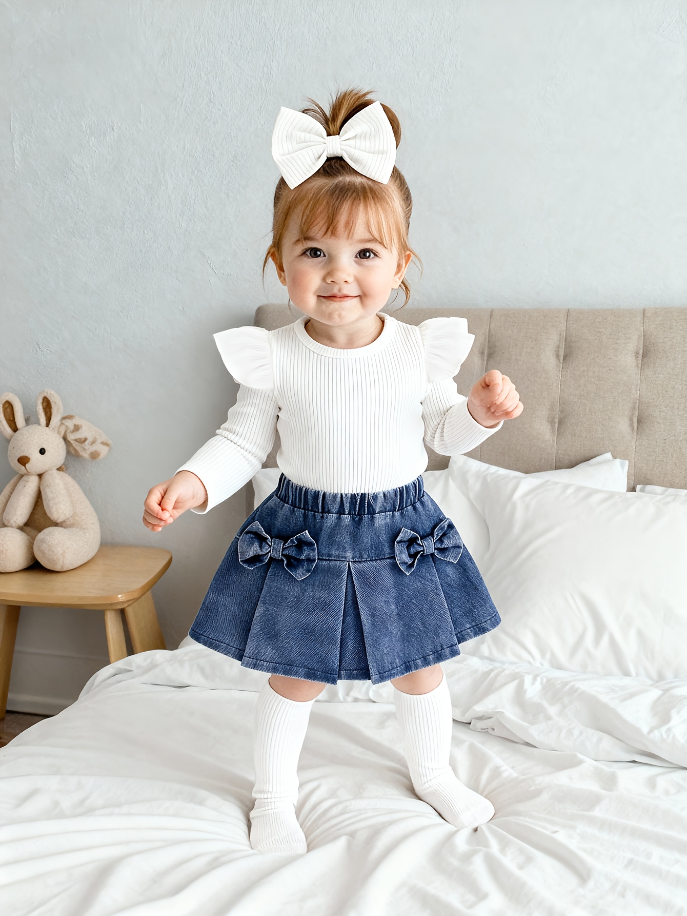   piece set for baby girls featuring a long sleeve top with flutter sleeves made of ribbed fabric for autumn and winter a   denim skirt with a bow and a headscarf   outdoor casual vacations Product details 5