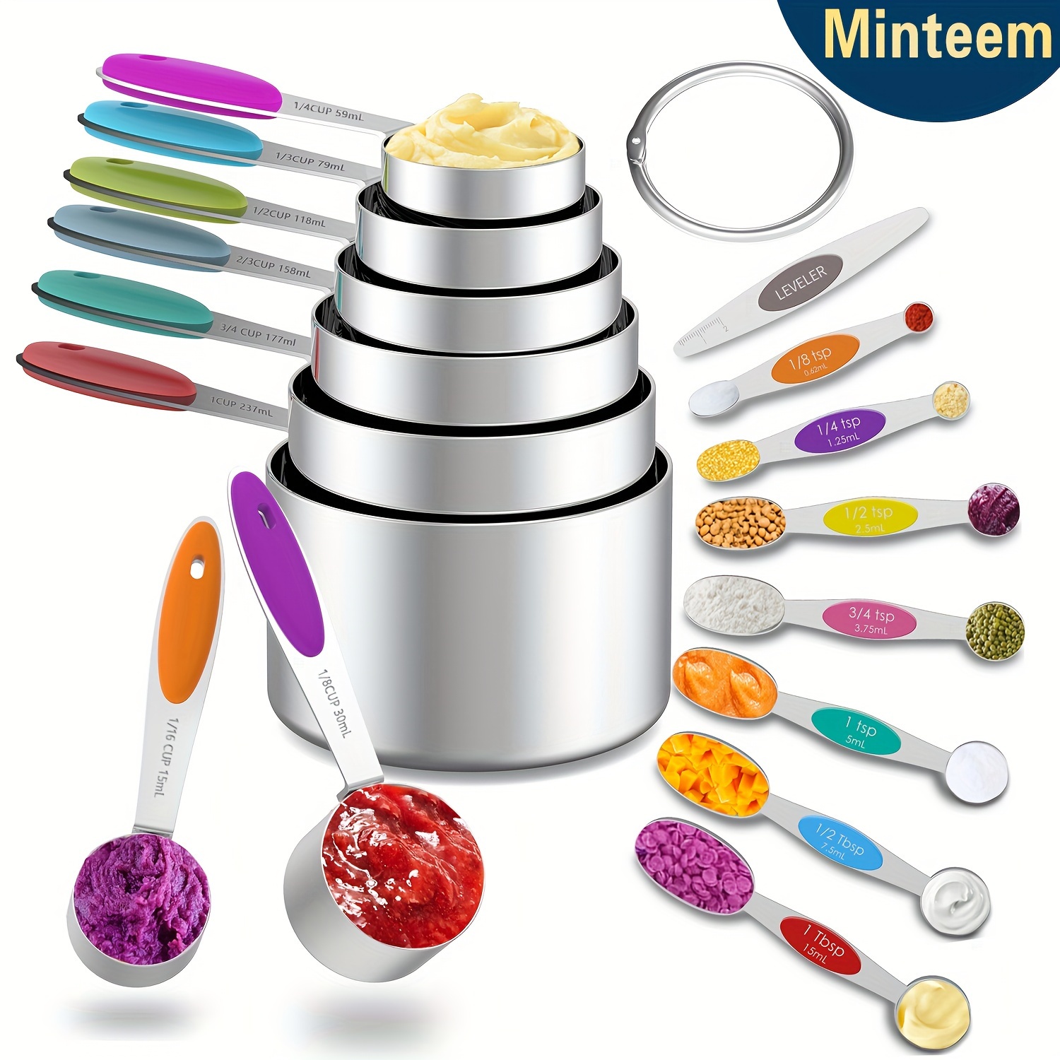 TEMU Minteem Measuring Cups And Magnetic Measuring Spoons Set, Stainless Steel Measuring Cups, 6 Double-sided Stainless Steel Measuring Spoons & 1