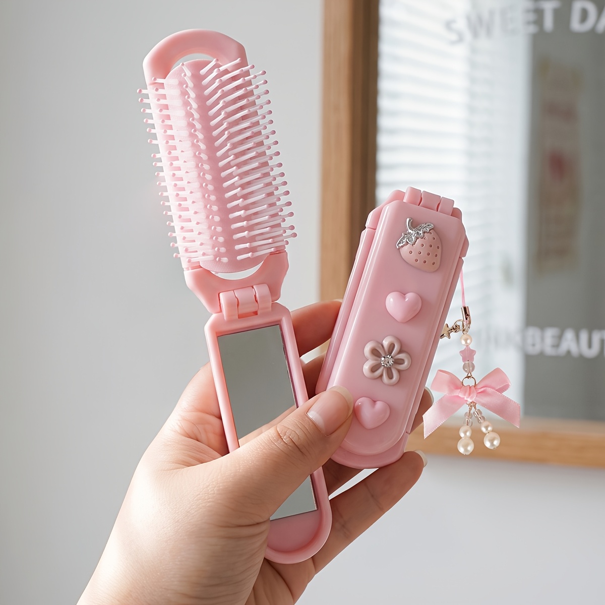 TEMU 1pc Niuugu 1pc Folding Hair Brush With Mirror - Kawaii Bow & Heart Flower Mini Travel Hairbrush, Portable Pocket Mirror Comb Suitable For Women,