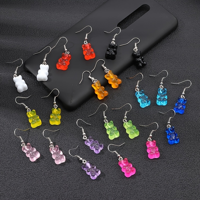 

11 Pairs Cute Resin Bear Drop Earrings - Transparent & Jelly-colored Animal Ear Jewelry, Alloy Posts, Trendy Creative Accessories For & Gifts