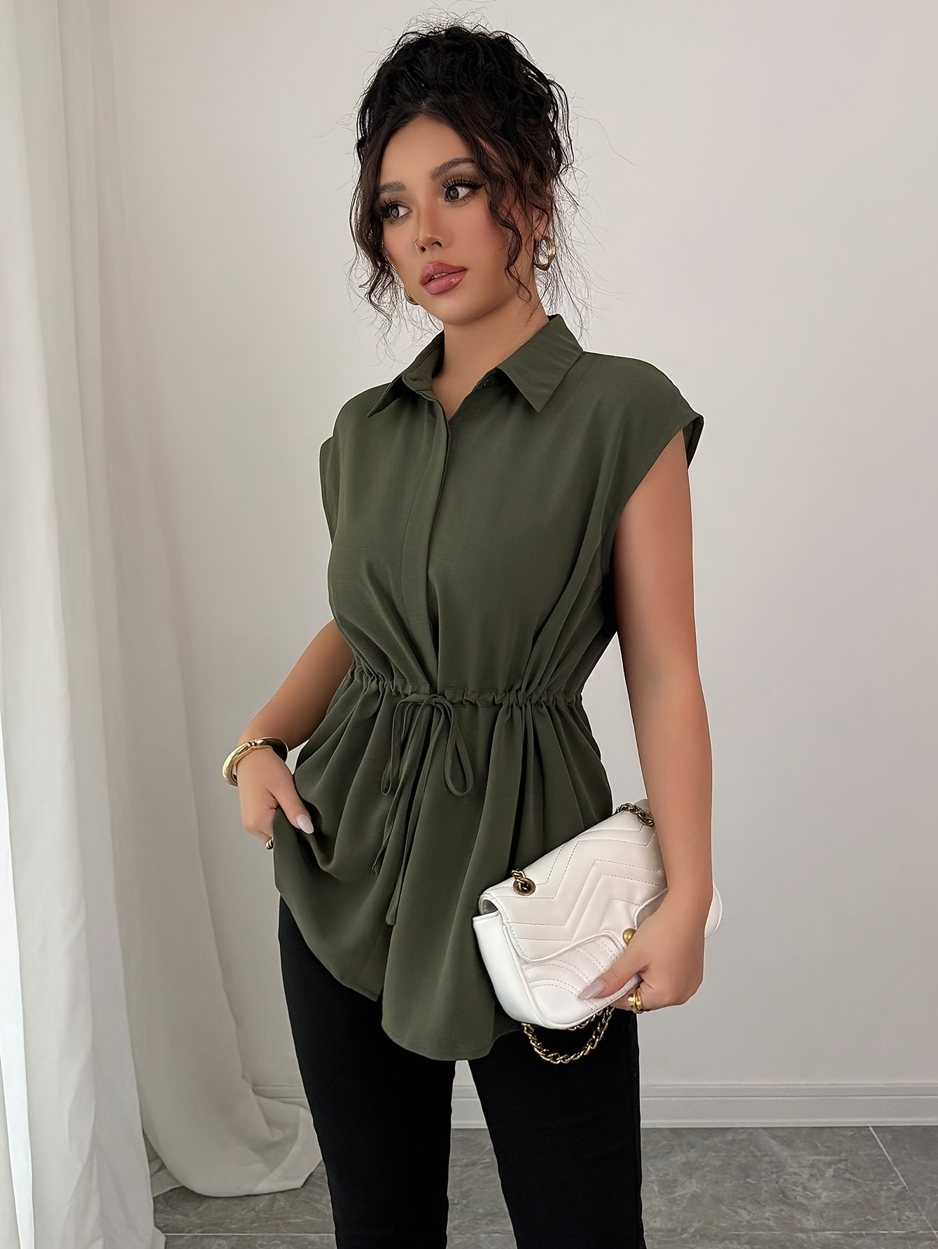 womens solid color a line shirt notch lapel button front Temu