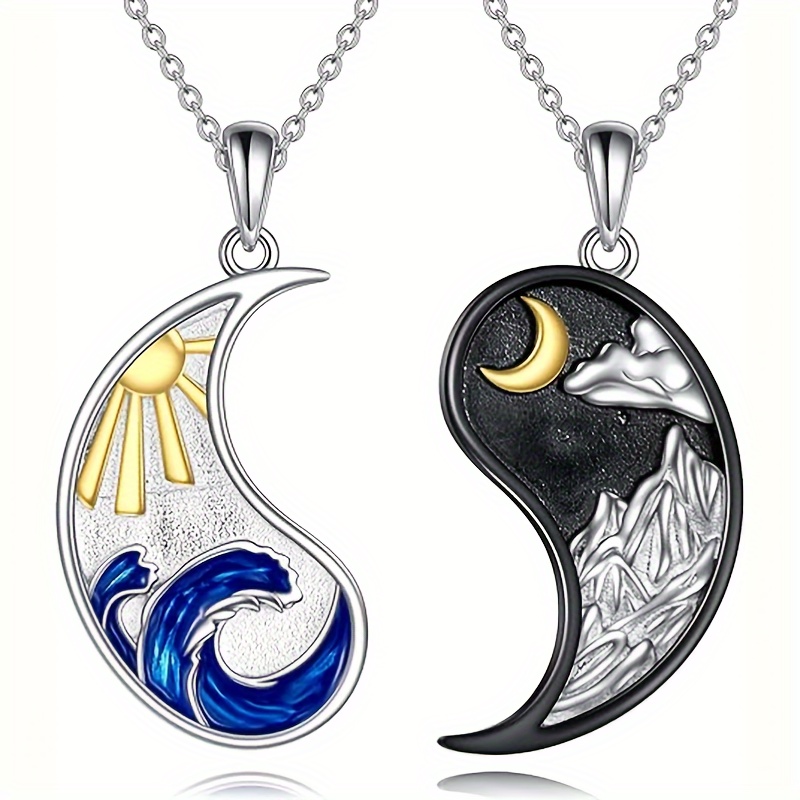 

-chic Vintage Sun, Moon & Waves Pendant Necklace - 's Gift For Casual Attire, Yin Yang,