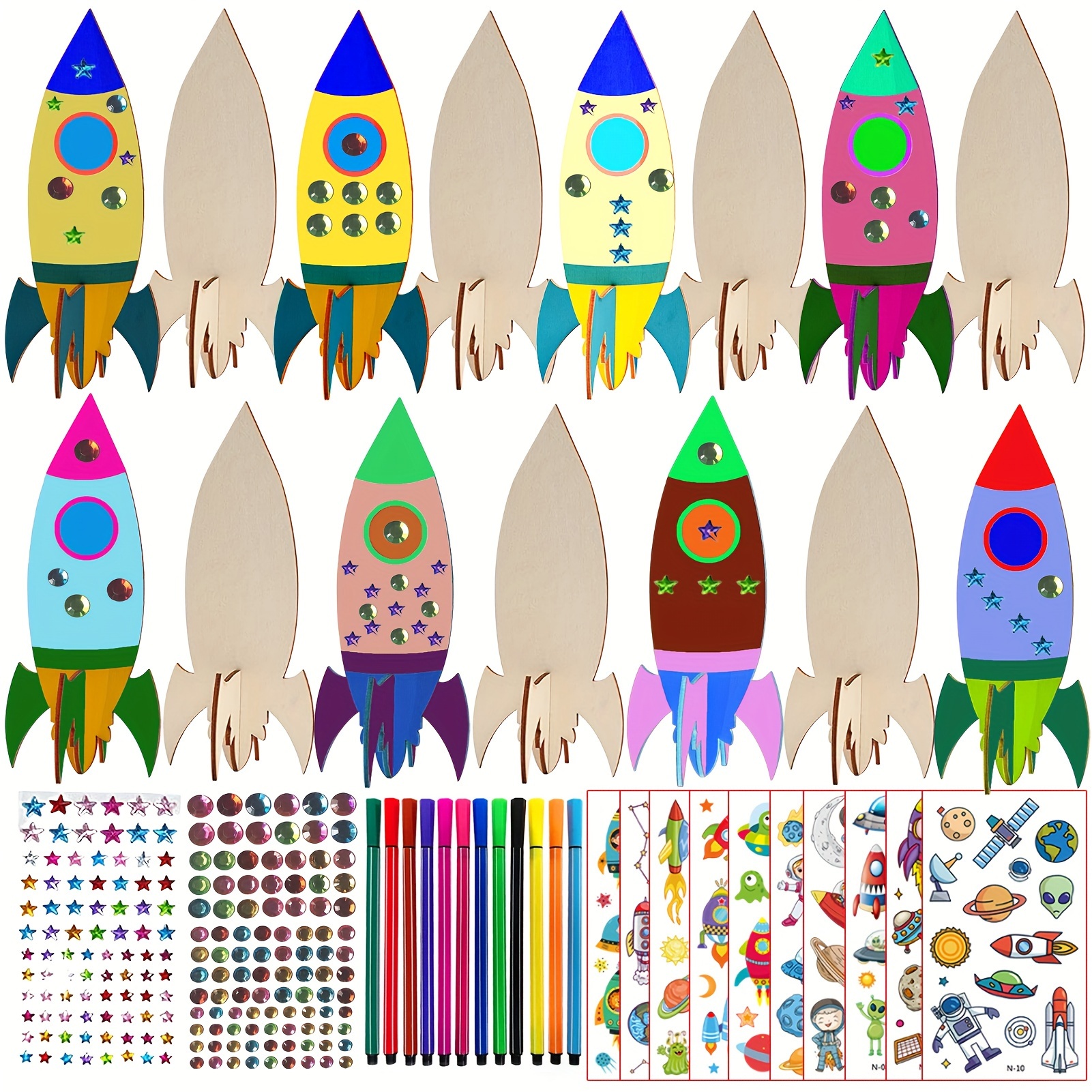 

231-piece Rocket Wood Craft Set, Rocket Toy, Birthday Craft, Including 15 Rocket Wood, 202 Rhinestones, 12 Colored Pencils, 2 Stickers, Diy Craft
