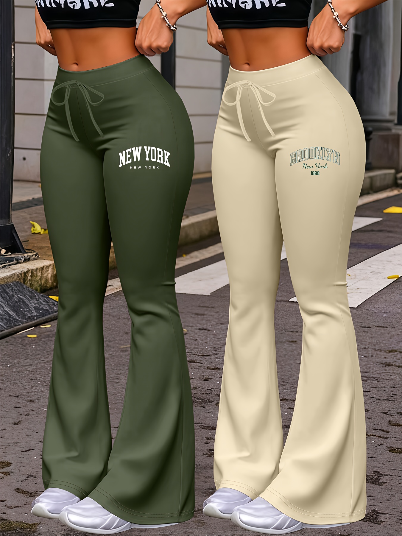 New Autumn Women's Clothing from Europe and America, NEW YORK & BROOKLYN Letter Print, Daily Casual Wear, Two-Pack of Comfortable Slim-Fit Stretch Tapered Straight-Leg Pants with Drawstring Waistband