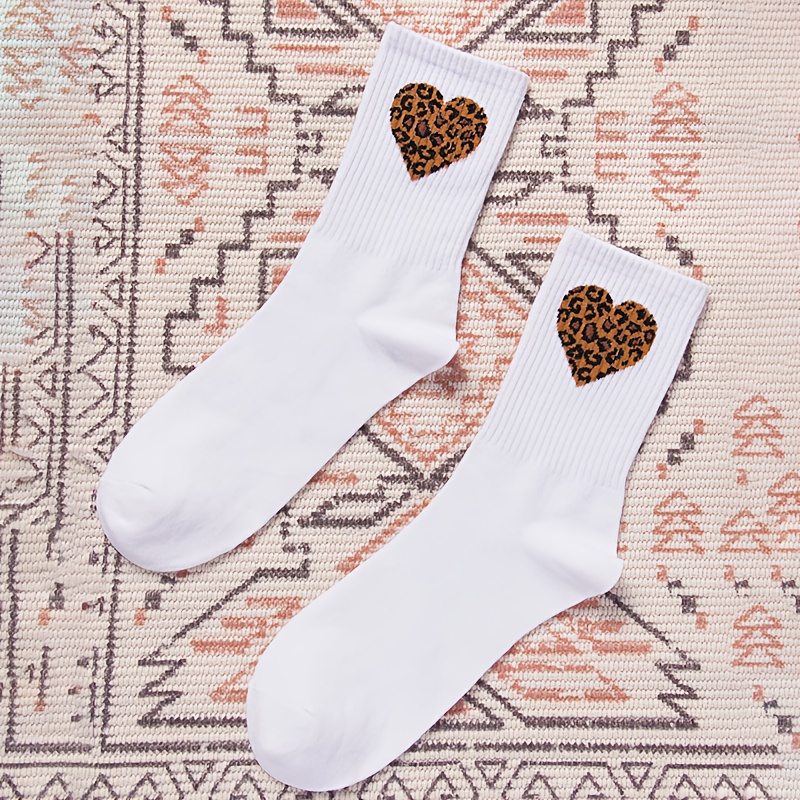 Image of 1 Pair Women's Mid-calf Socks, Love Leopard Print Pattern Trendy Fashion Casual Sports Socks, Wearable Spring Summer Style Versatile Soft Comfortable Breathable Socks