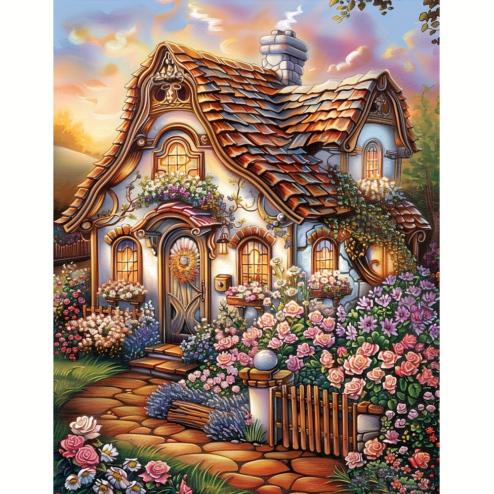 

1pc, Flower House Diamond Art Painting, Full Round Diamond Art, Decorative Wall Art Hanging Painting Home Decoration Valentine's Day Gifts, Decorative Craft Wall Art For Home Wall Decor Gifts