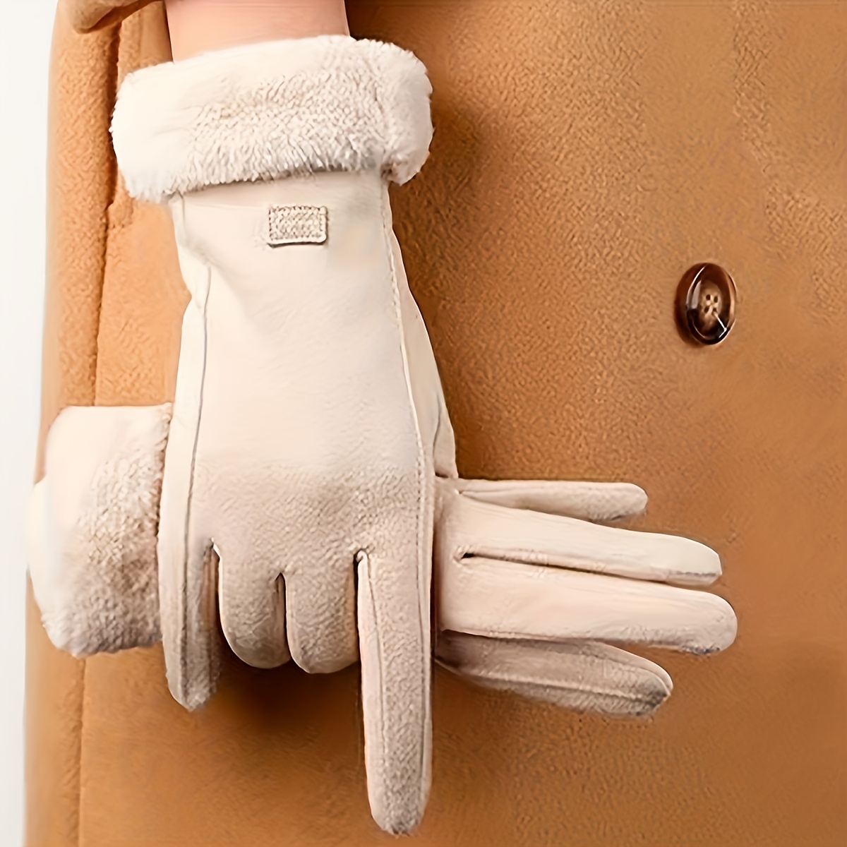 1 Pair Cozy Women'S Beige Touchscreen Gloves - Thick Warm Plush Lined Winter Gloves, Full Finger Design, Polyester Material, Knitted Craftsmanship, Inelastic Fit, Suitable for Going Out and Warmth Preservation details 3