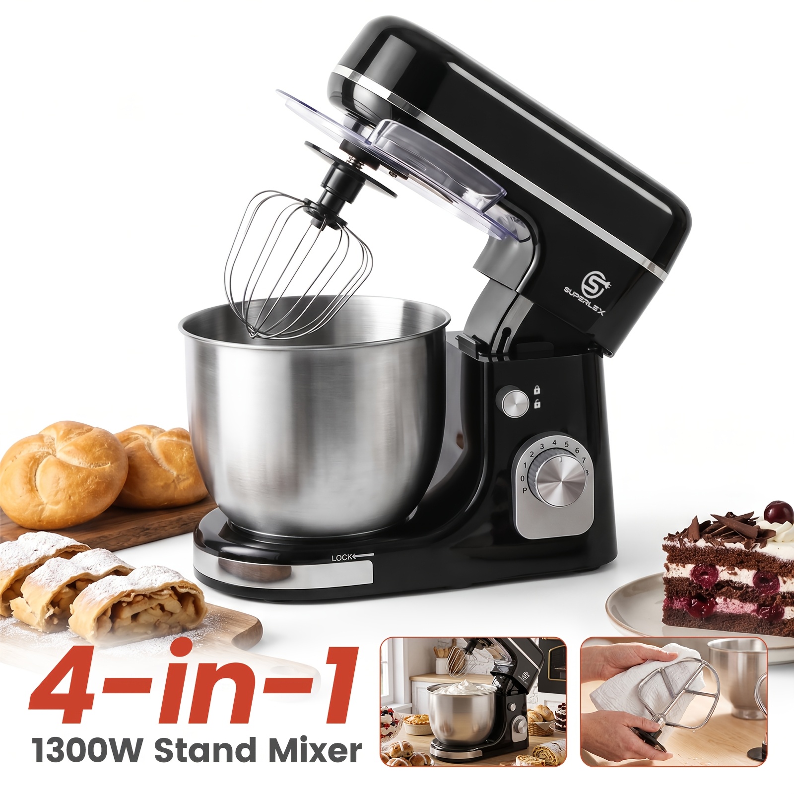 Image of Superlex 1300w Electric Stand Mixer For Home Baking, 5l Stainless Steel Bowl Abs Housing, 8 Speed Settings With Function, Equipped With Dough Hook, Flat Mixer Beater & Egg Whisk Attachments
