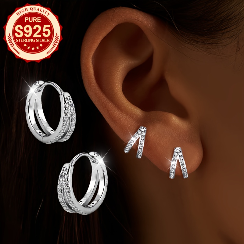 

1 Pair, S925 Sterling Silver Double Hoop Earrings With Synthetic Cubic Zirconia, Glittering Design, Hypoallergenic, Lightweight 1.86g, Elegant & Chic For & Music Festivals