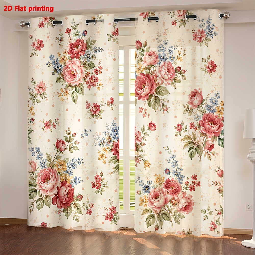 Image of 2d Flat - 2d Flat 2pcs Curtains, Vintage Floral Print, Light Filtering, For Living Room Bedroom Study Home Decoration
