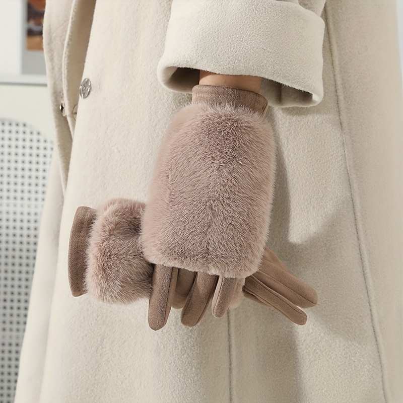 Image of Women's Winter Plush-lined Touchscreen Gloves, 1 Pair, Windproof, Cold-proof, And Dual-use With Plush Cover