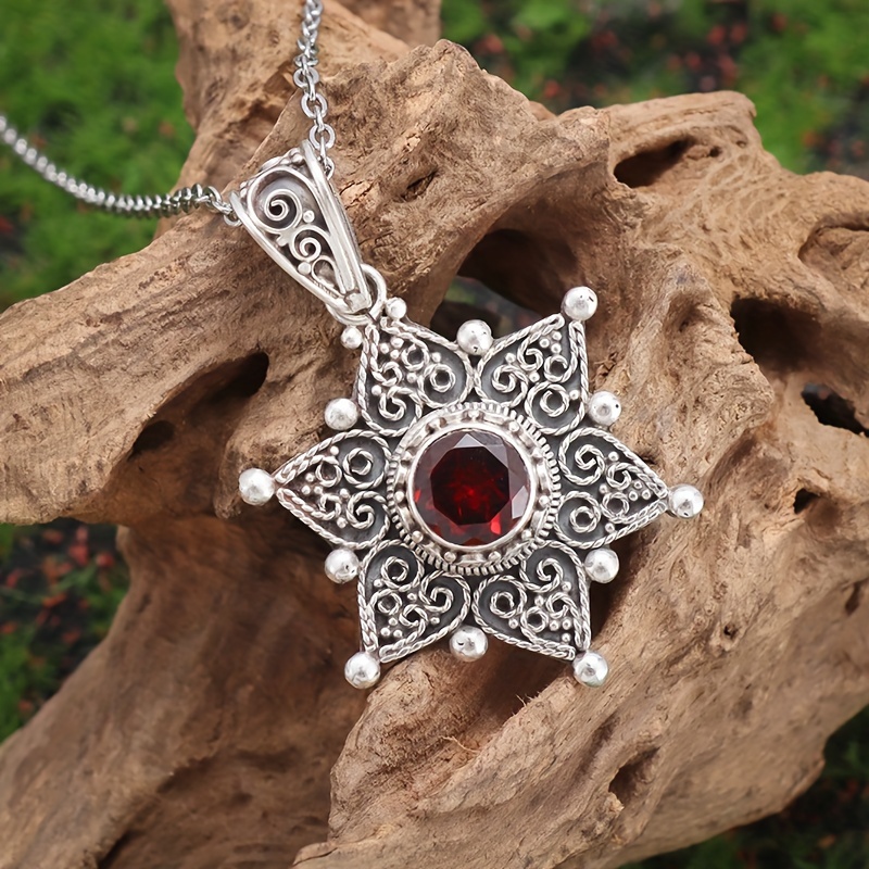 

Elegant Bohemian Sunflower Hexagram Red Zirconia Necklace For Women