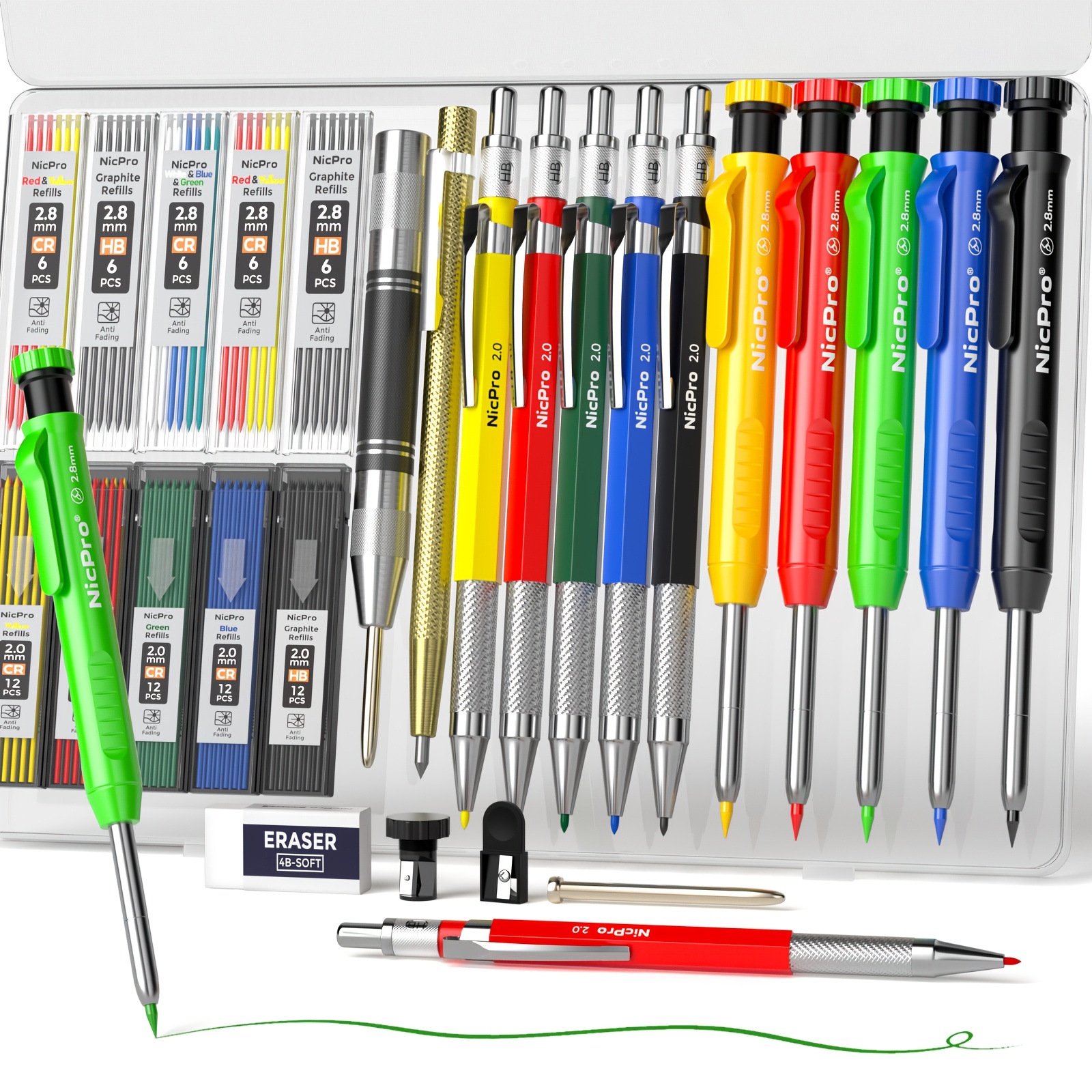 TEMU 1 Set Carpenter Pencil Set With Sharpener, Mechanical Carpenter Pencils With 100 Refill, Automatic Center Punch And Carbide Scribe Tool, Heavy
