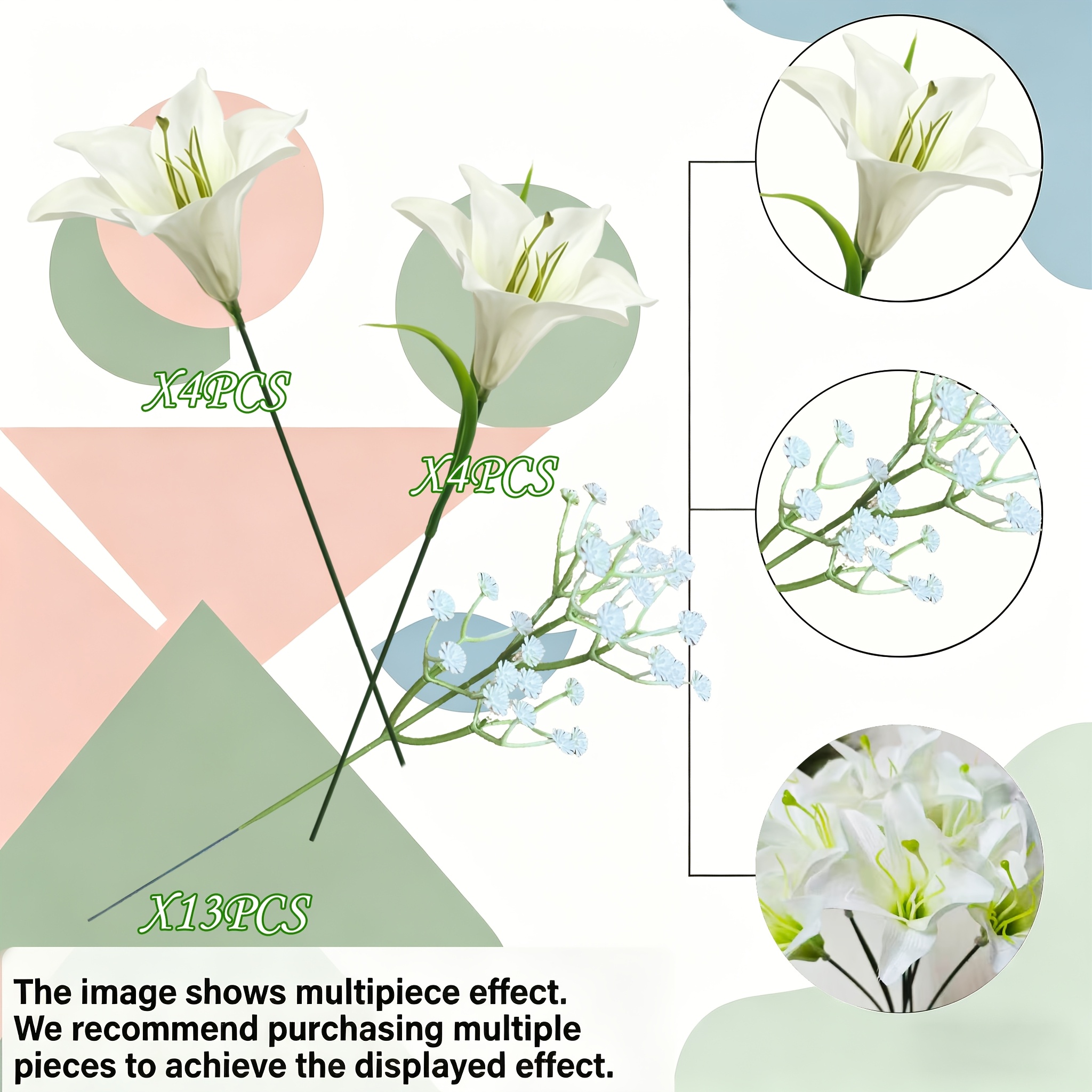21 Artificial Lily Bouquets With Gypsophila Artificial Flowers | Lifelike White Lilies, Maintenance-free Plastic Fake Flowers, Suitable For Wedding Arrangements, Home Office Desktop