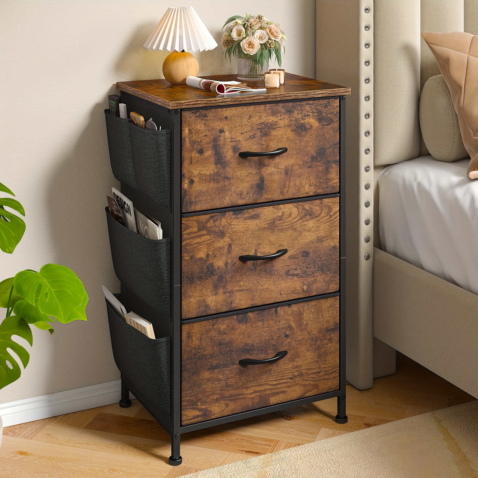 Mesita De Noche Con 2 Cajones Mesita Auxiliar De Sofá Con Patas De Madera Goma Organizador Armario 45 X 40 X 62 Cm