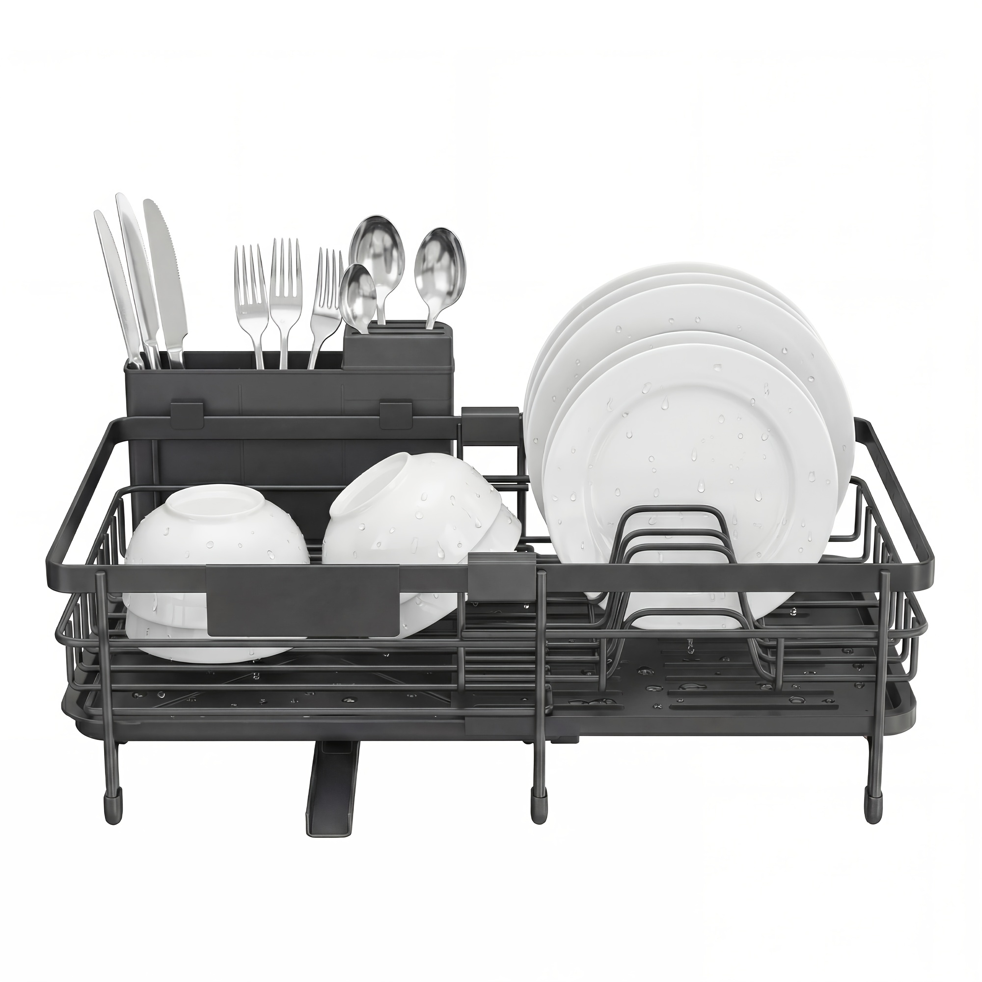 Image of Dish Drainer Rack, Large Extendable Draining Board Rack For Small Spaces, 360° Rotating Extendable Spout, Kitchen Sink Drainer, Steel, 46.5 X 29.6 X , Ink Black, Gray