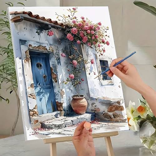 item picture professional art use 1pc beginner number painting kit acrylic paints canvas 3pcs brushes and manual acrylic painting blue door courtyard climbing wall pottery vases mediterranean style 40x50
