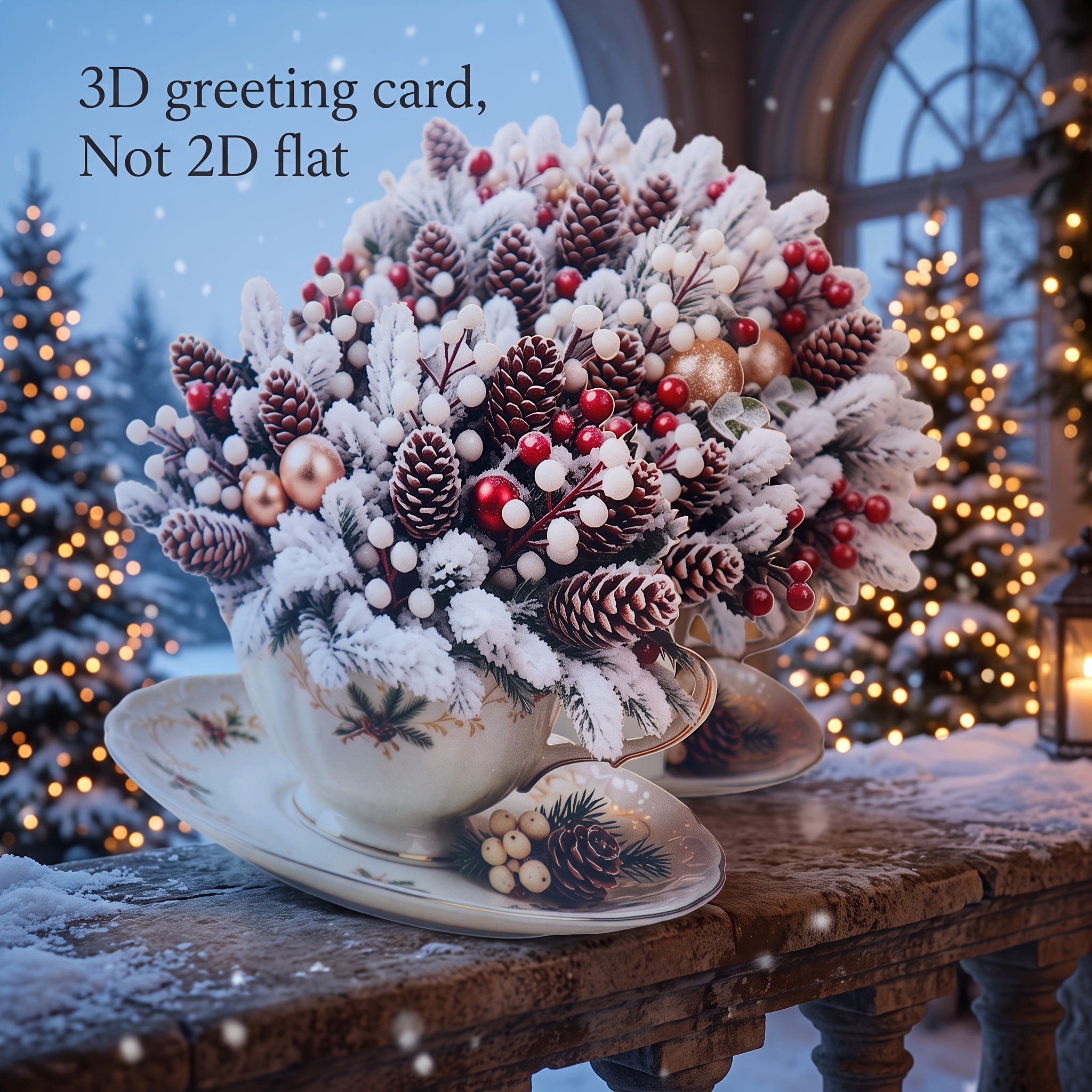 TEMU Teacup 3d Pop-up Greeting Card, Vintage Teacup With Christmas Floral Arrangement, Decorated With , Pinecones, And Red Berries, Handmade Folded
