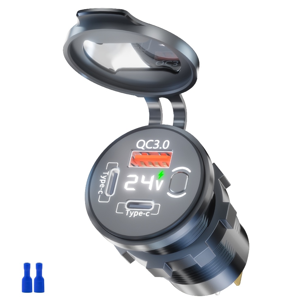 TEMU Socket Type-c And Qc3.0 Usb Charger, With Outlet Socket With Switch, Equipped With 60cm Cable And Port, 12v/24v Adapter For Cars, Boats, Buses,