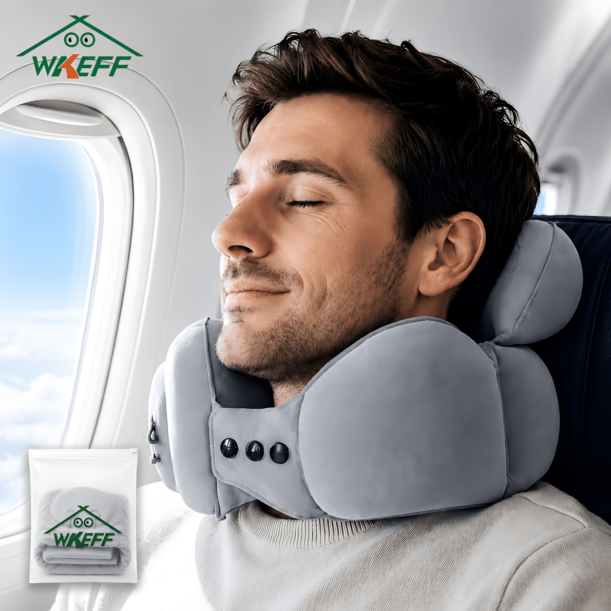 Portable Inflatable Travel Neck Pillow, Push-Button Press-Type Compression Blow Up Air Cushion, Comfortable Head & Neck Support for Airplane, Car, Long Flights, Road Trips, Office Nap, Camping, Compact Lightweight Travel Accessories