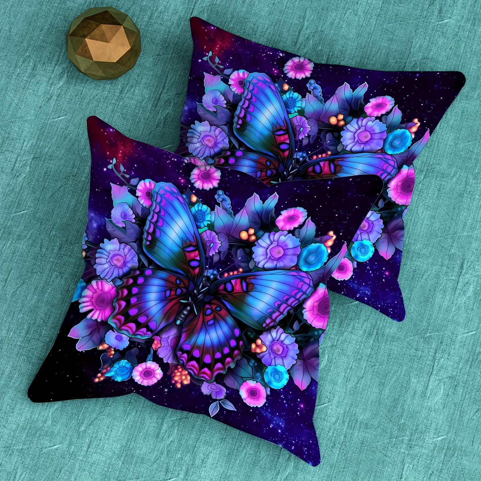 

Contemporary 2pcs Butterfly Floral Galaxy Throw Pillow Covers, Microfiber Short Plush Cushion Cases, Zippered Single-sided Print, Machine Washable, Decorative For Sofa Bedroom, 18x18 Inches.