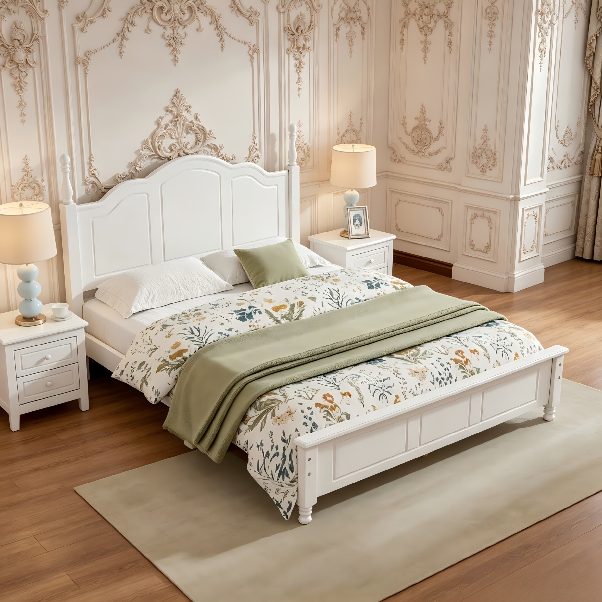 BELLEMAVE Queen Size Platform Bed Frame With Headboard, Wooden Slat Support, No Box Spring Needed, Easy Assembly, Sturdy Structure, Bedroom Furniture With Classic Vintage Design, White