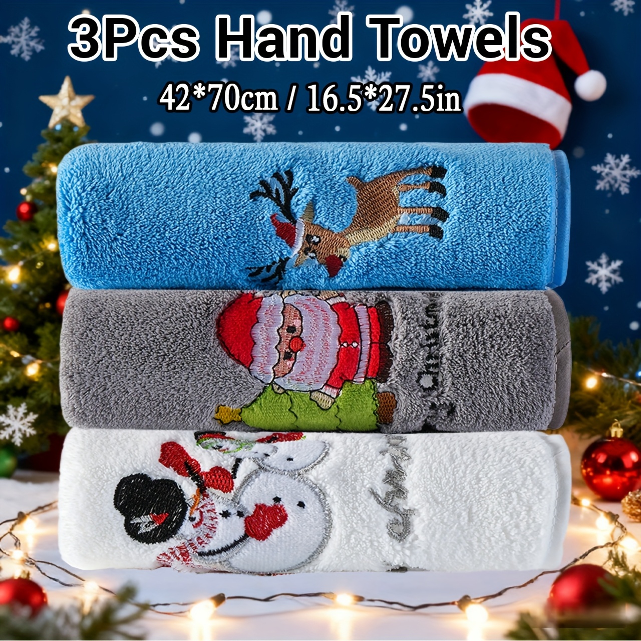 Image of A Set Of 3 Christmas Towels Made Of 85% Polyester And 15% Nylon, Including Towels Measuring 42*70 Cm / 16.5*27.5 Inches, Featuring Embroidered Designs Of Snowmen, Reindeer, Wash Cloths