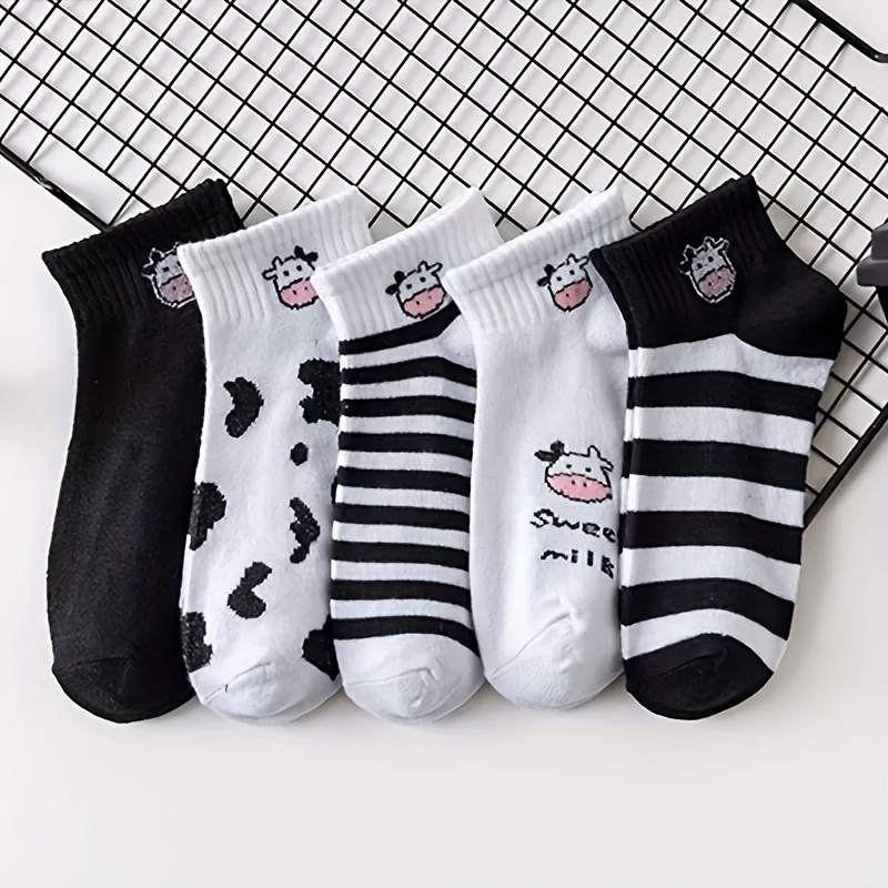 

5 Pairs Cute Cartoon Cow Print Socks, Comfy & Breathable Short Tube Socks, Women's Stockings & Hosiery