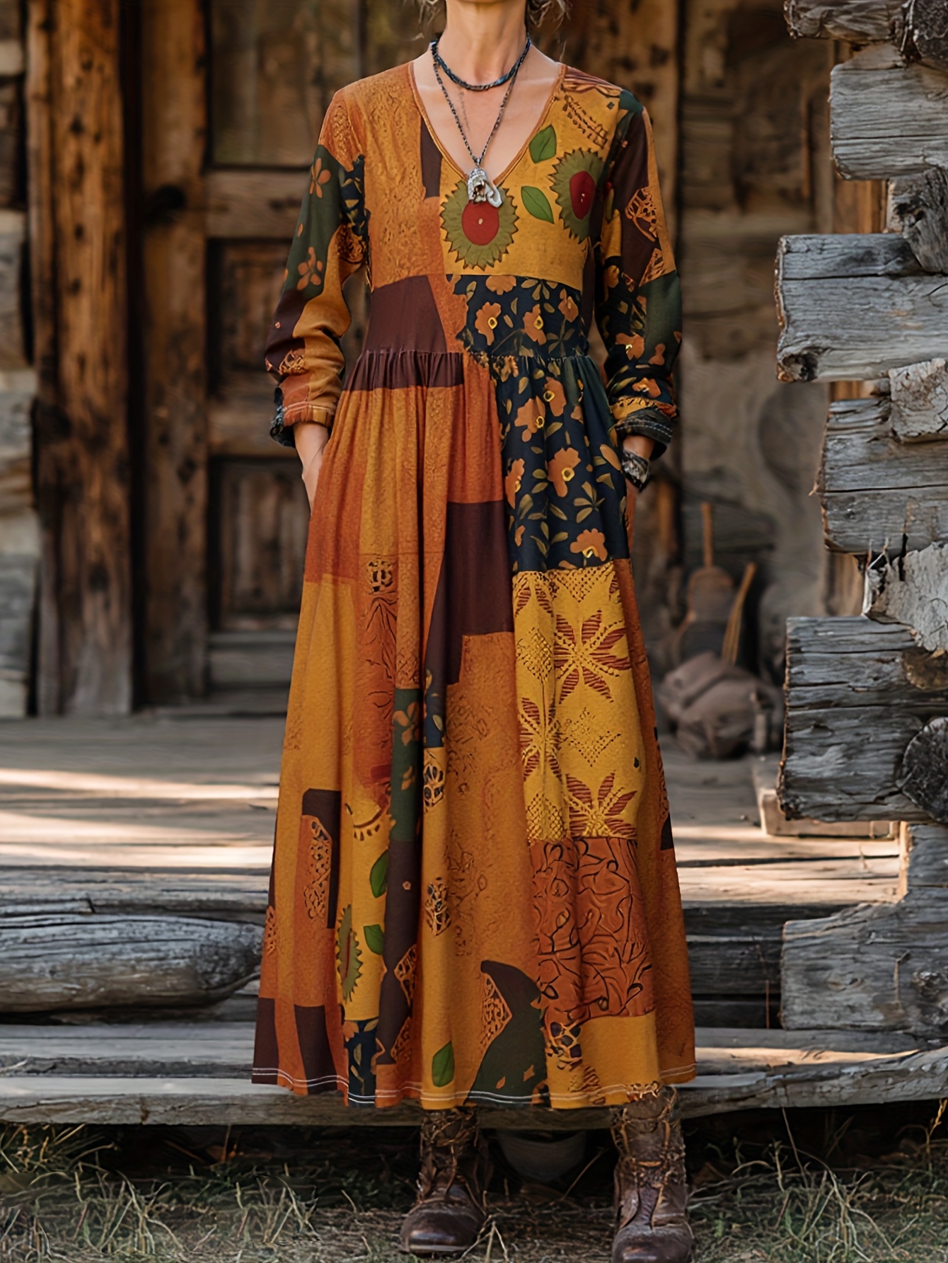 Women's Western Cowgirl Maxi Dress with Southwestern Print  (Turquoise/Copper/Green) Long Sleeve A-Line Boho Dress for Ranch  Vacations