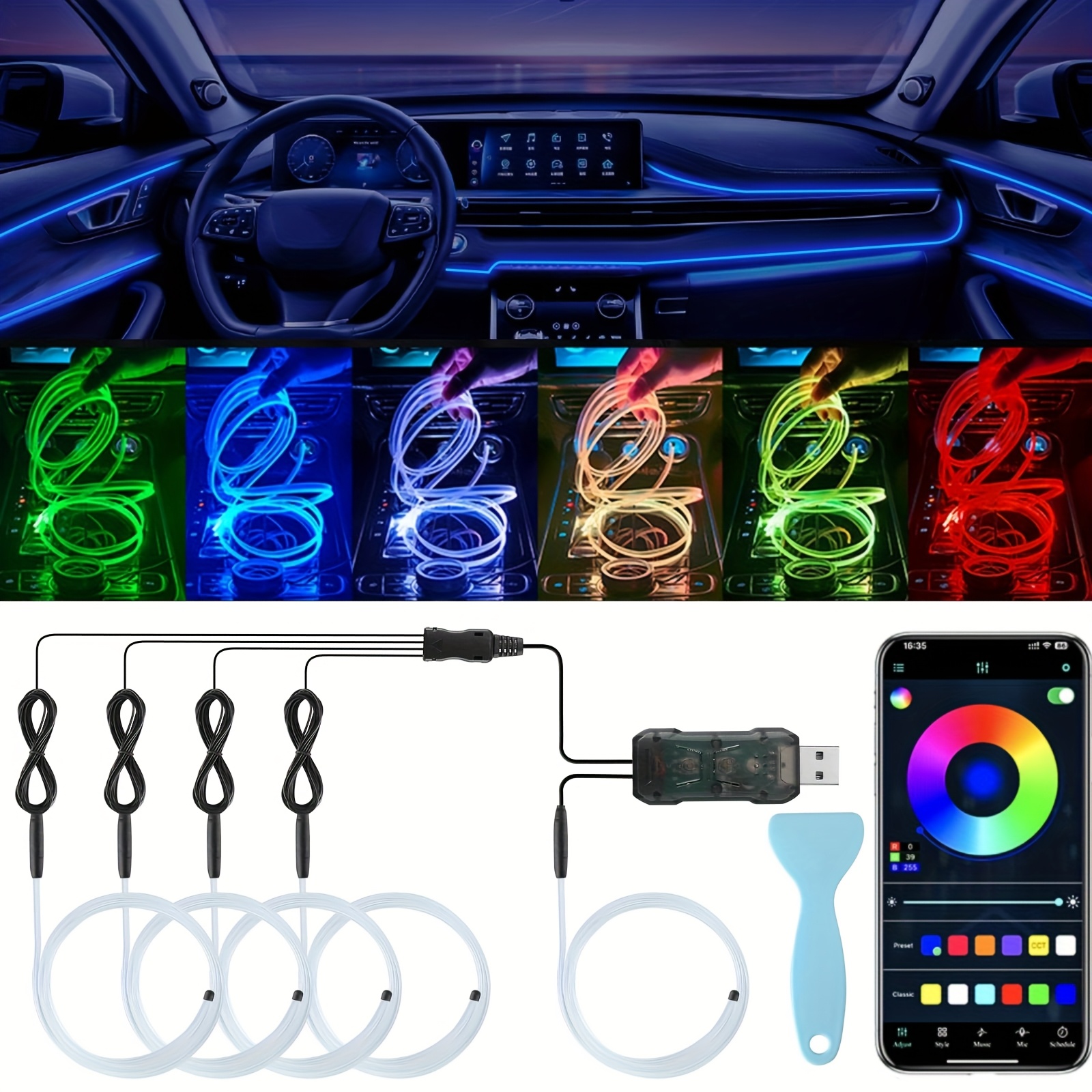 TEMU Rgb 5in 1 Ambient Lighting Kits 276inch Fiber Optic 8 Colors Car Neon Lights, Interior Car Neon Accent Lights Led Strip Lights, Inside Car Lighting Accessories