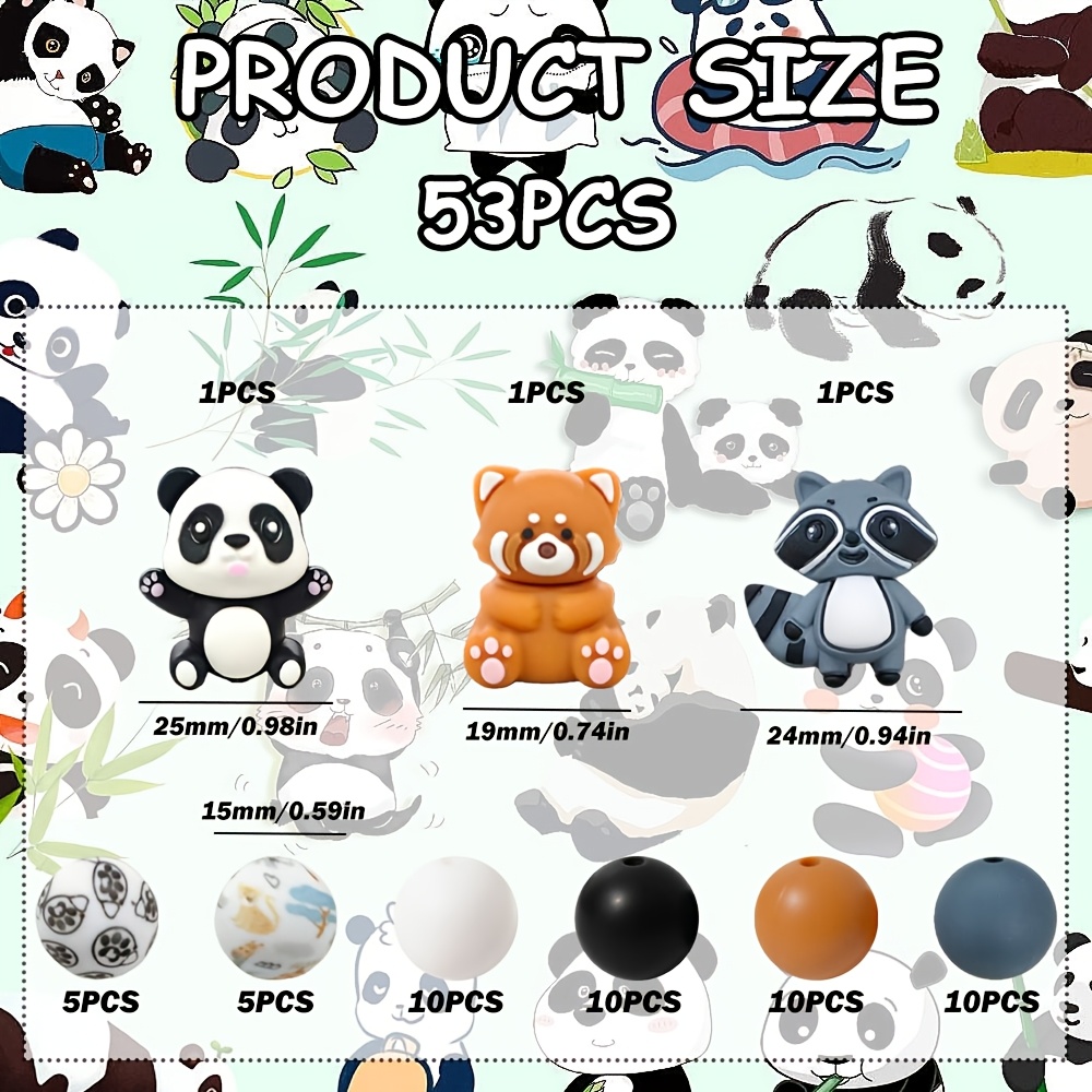 TEMU 53 pièces Ensemble de Perles en Série Animaux - Perles en de Panda, Panda et Raton Laveur, que Perles Rondes en Thème Animal de 15mm. Idéal pour