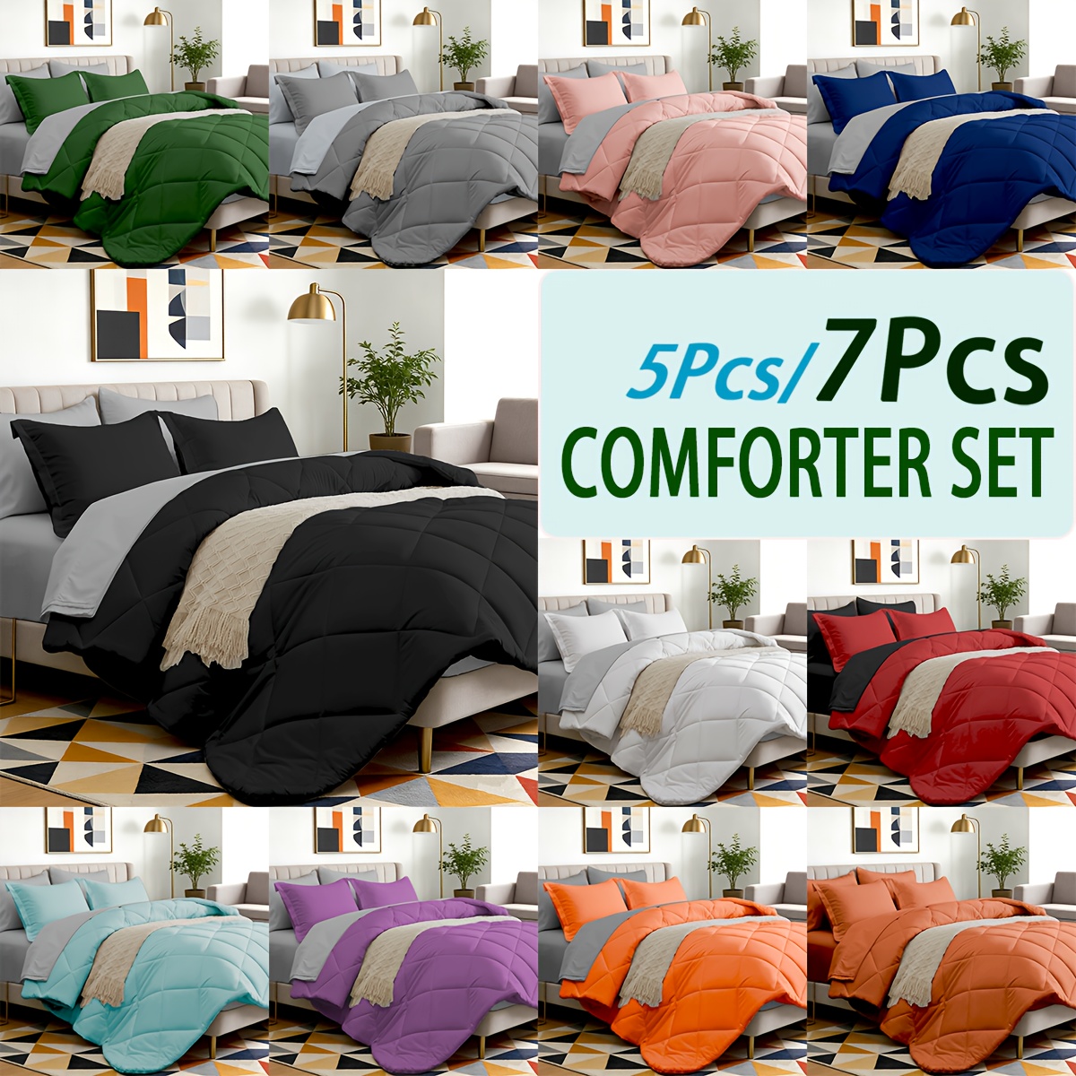 5 7pcs luxurious double sided checked pattern comforter set breathable ultra soft fluffy fiber filling   for   bed in a bag with comforter flat sheet fitted sheet pillowcases and pillowshams family gift set random color