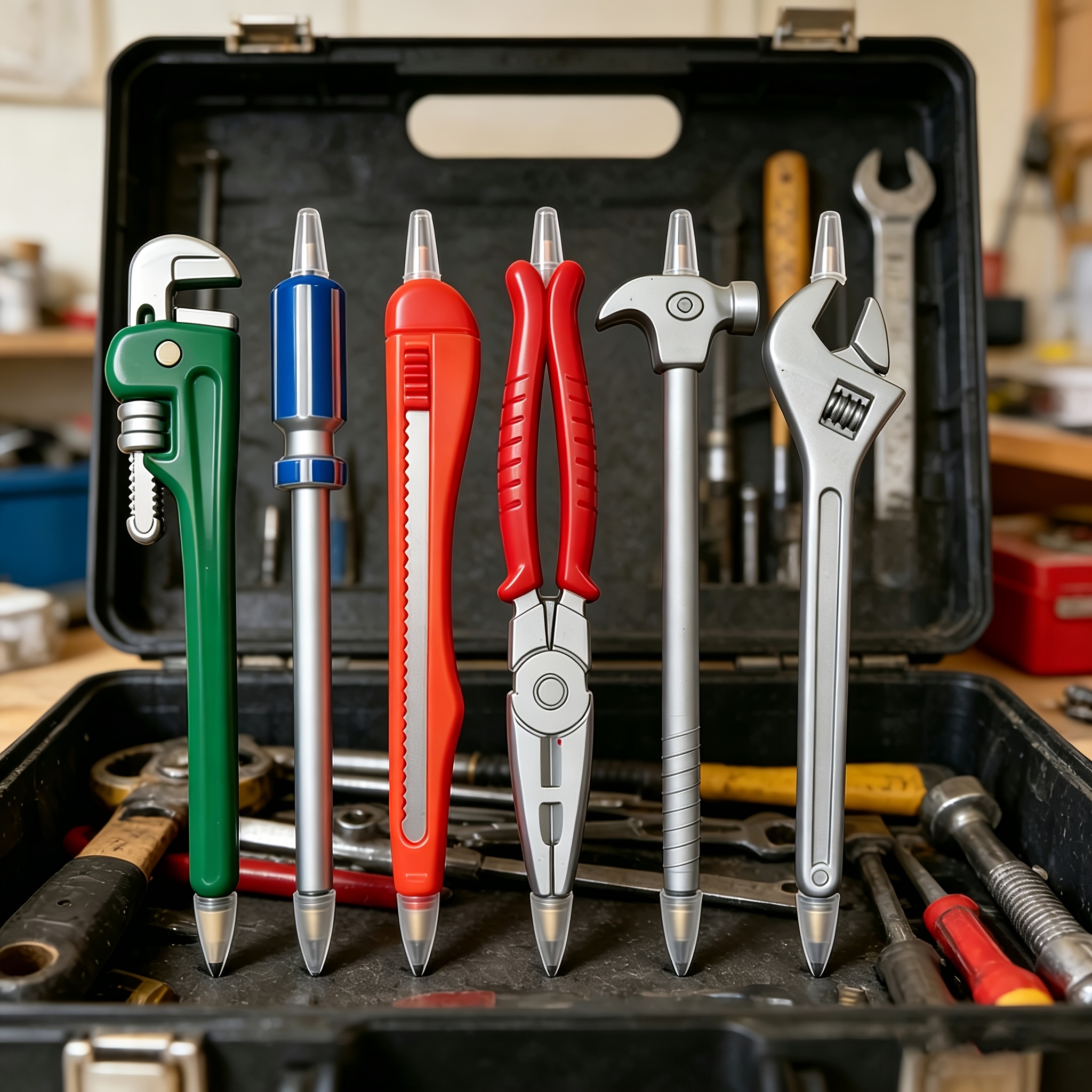 Image of 6pcs Tool Pens, Black Ink, Hardware Shapes, Pen Tubes Wrench, Pliers, Vise, Utility Knife, Wrench, Hammer, Screwdriver, Thanksgiving, Christmas Gifts
