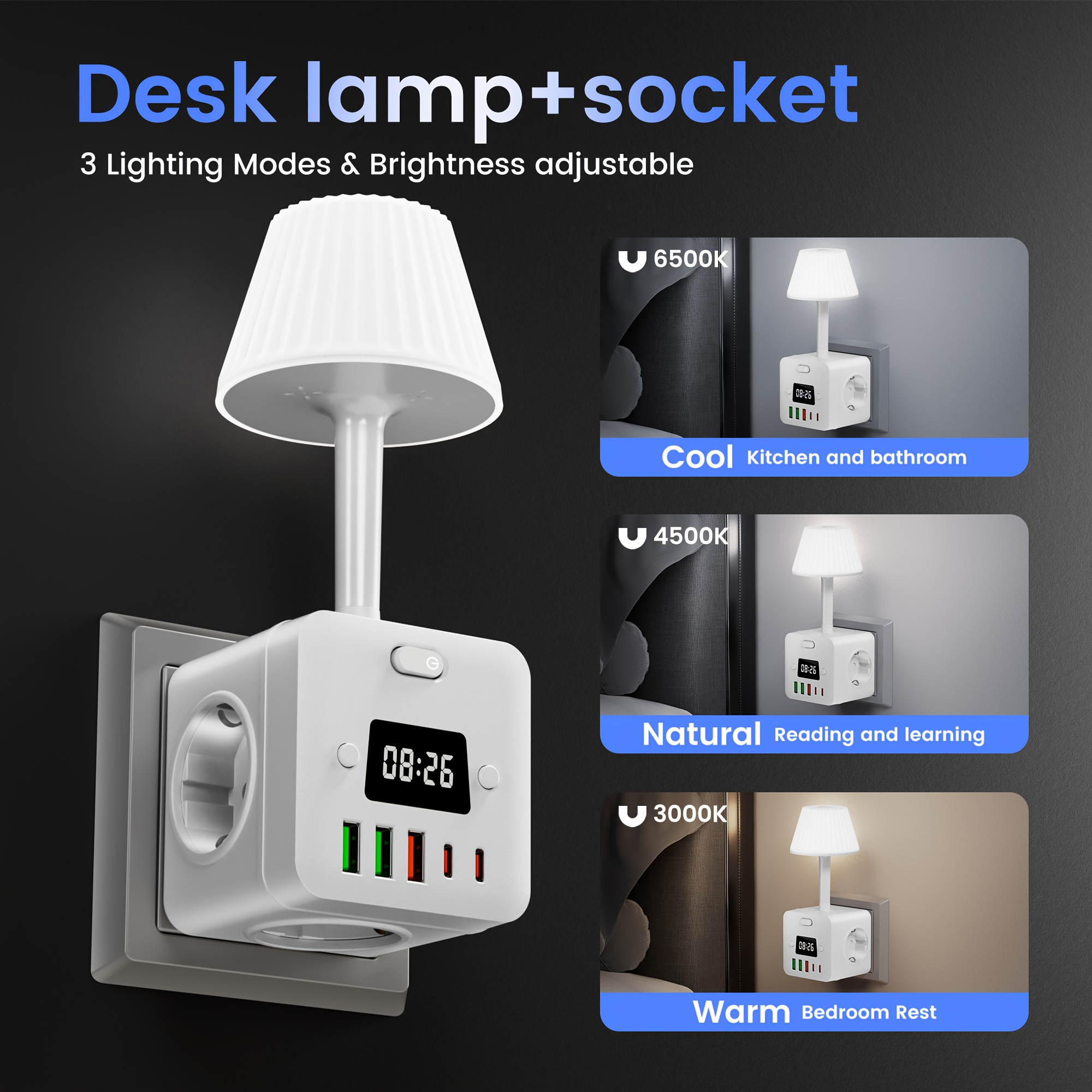 10in 1 power alarm clock with 2 usb c desktop charging station 3 ac power outlets 3 usb a power cord with protector for setting for bedroom dorm room Product details 1
