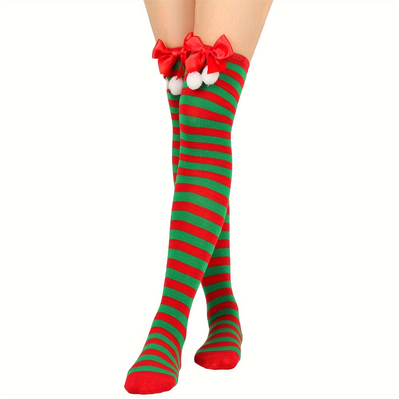 TEMU 1 Pair Christmas Striped Over-the-knee Socks For Women, Polyester Blend With Spandex, Knit Fabric, Red/green/white With Bow And Pom-pom Detail