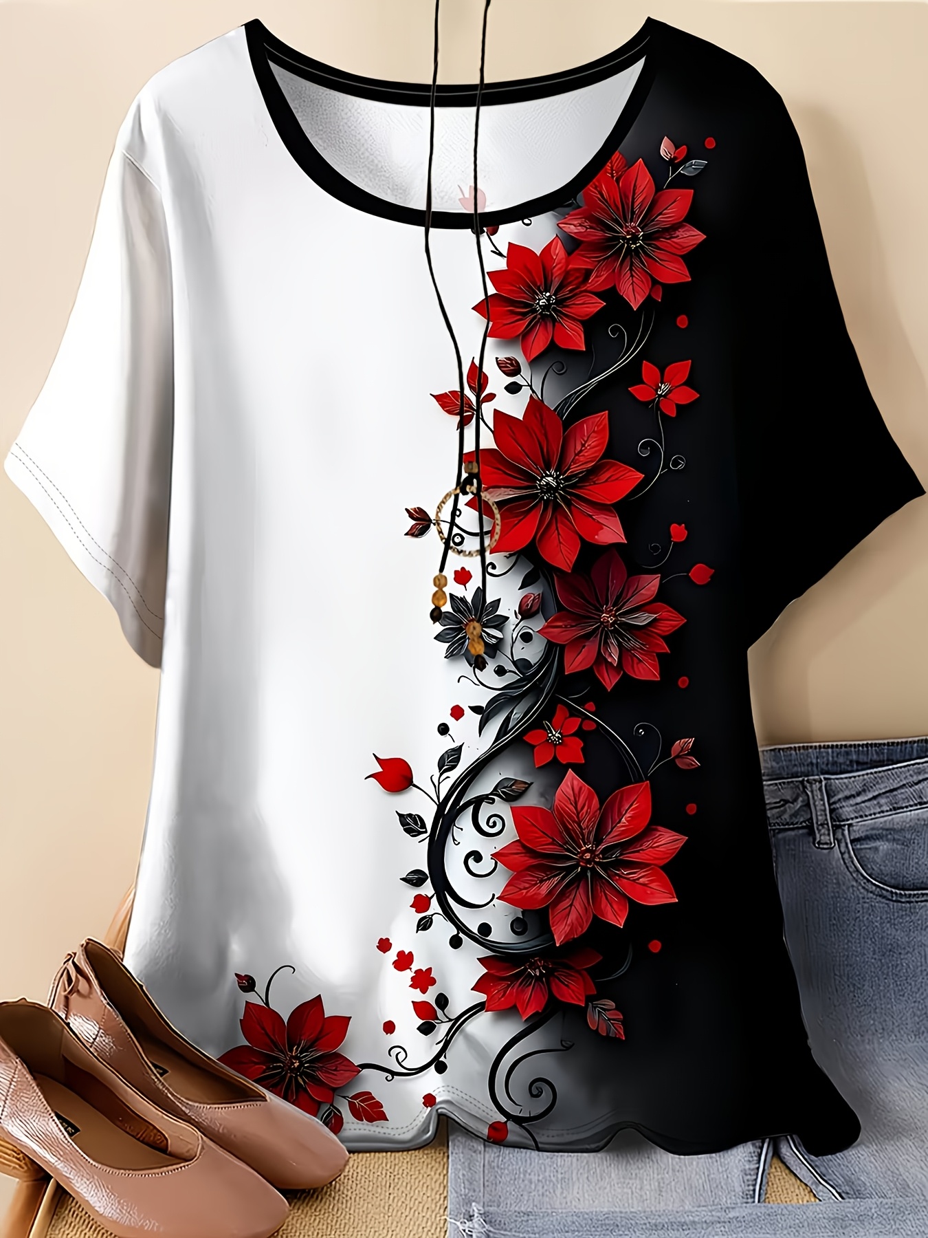 photo de l'article t-shirt à fleurs   pour femme   taille - coupe chemisier douce et respirante à manches courtes, convient pour un    , haut   à col rond avec impression intégrale, lavable en machine  , les   et lextérieur, ventre et bras