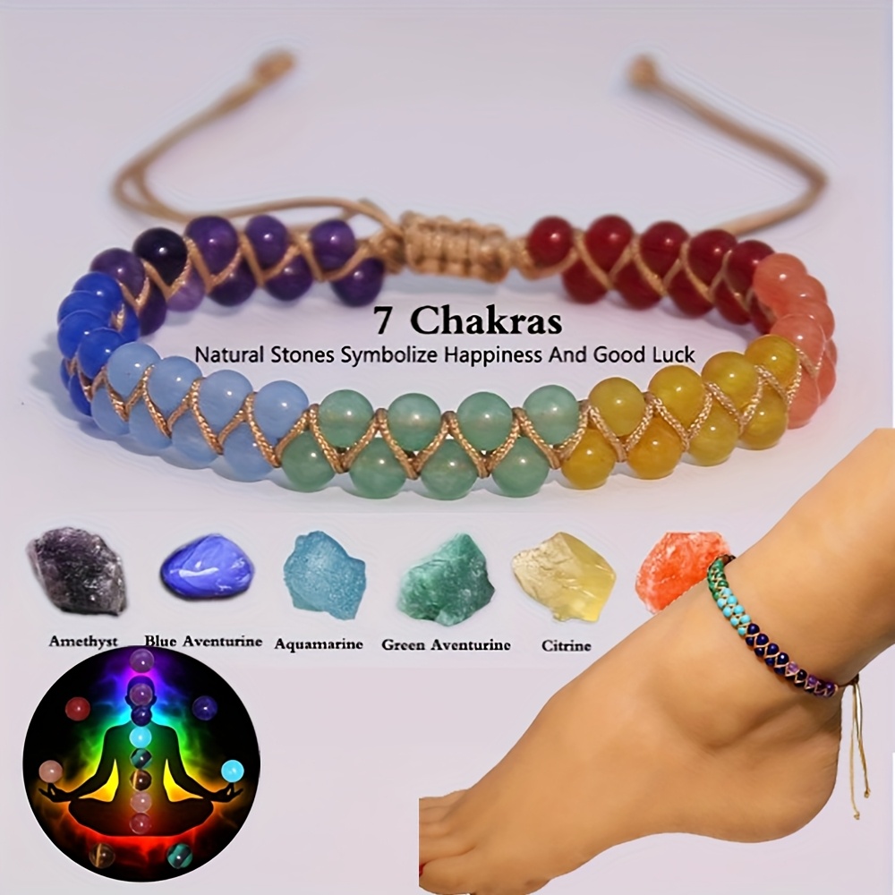     stone ankle bracelet for women handcrafted with double layer weaving featuring vintage bohemian style with purple   green and orange beads