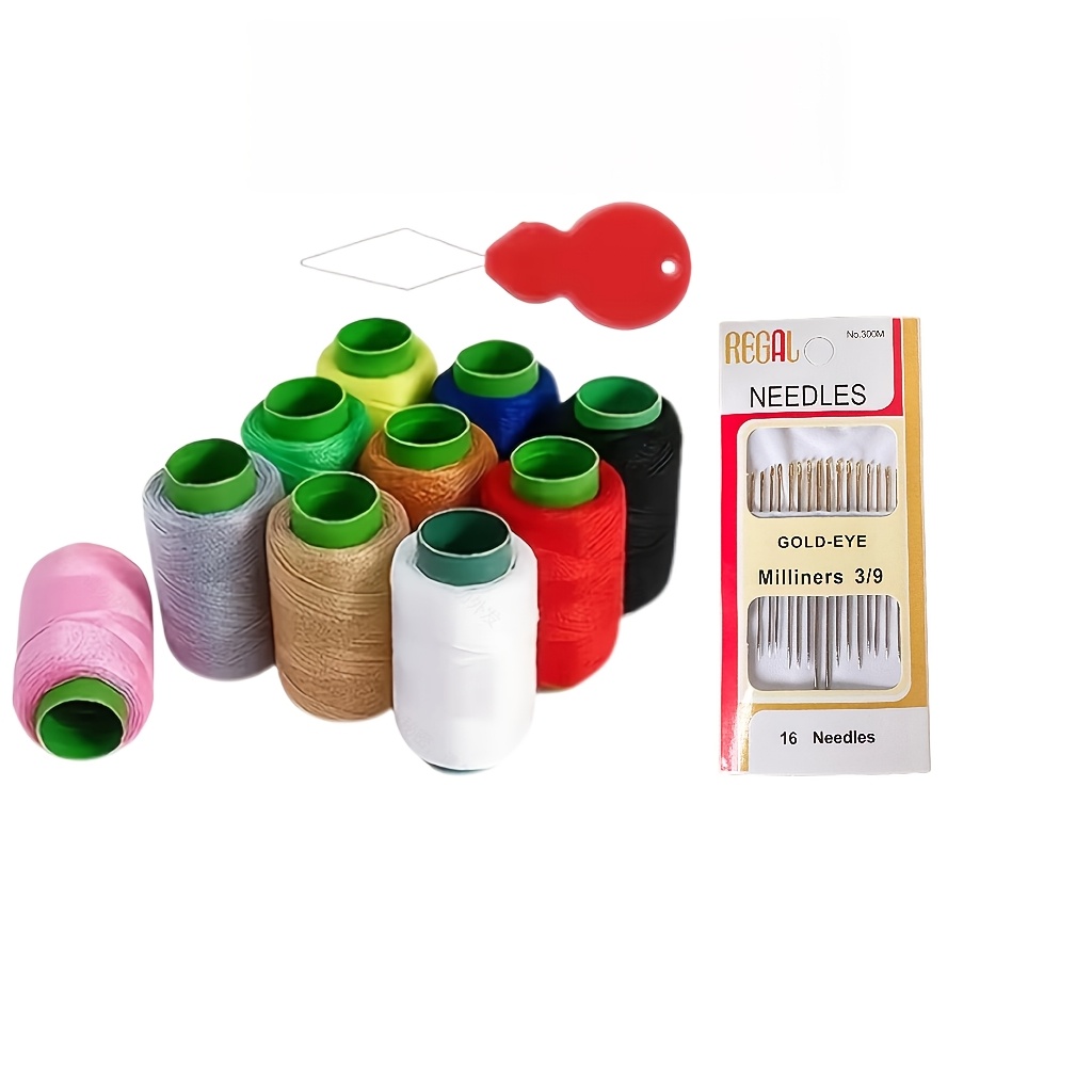 TEMU Ensemble de 27 pièces (10 rouleaux de fil de polyester coloré pour machine à coudre, couleur aléatoire, 16 aiguilles + 1 outil d'enfilage) pour