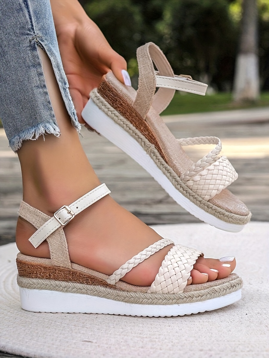 womens woven design sandals with adjustable ankle strap thick platform wedge heel breathable   cover open toe summer     for vacation   and warm weather durable rubber sole strappy sandals Product details 4