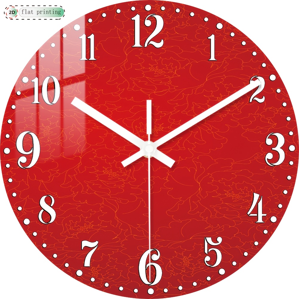 TEMU 1pc Wooden Round Silent Wall Clock, 2d Flat Printed Clock, Use Red Floral Wall Clock Design, Modern Retro, Suitable For Living Room, Bedroom,