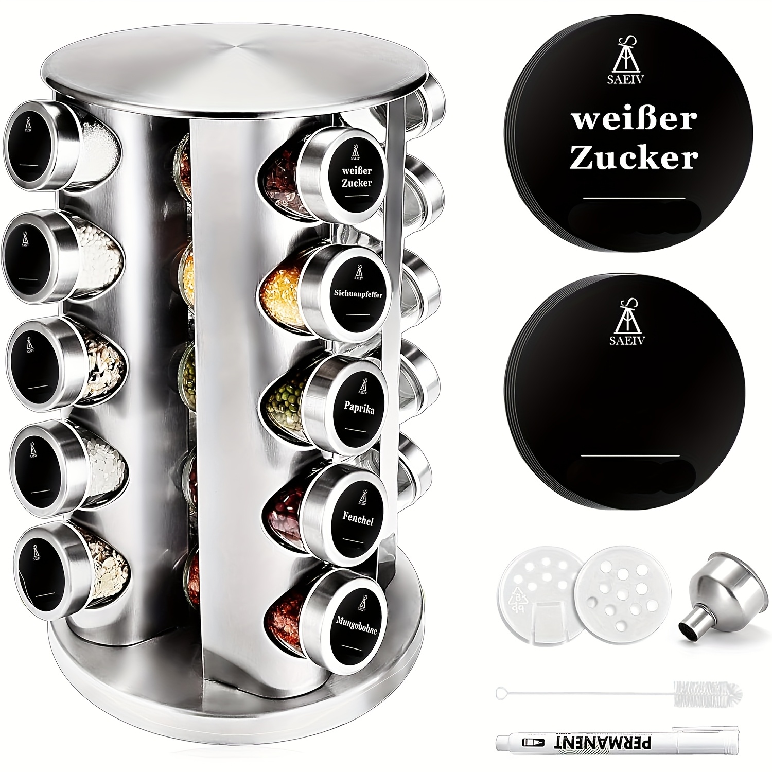 E-shop Edelstahl Rundes Gewürzregal Stehend | Gewürzekarussell | mit 20 Stück 100ml Edelstahl Runde Gewürzgläser | Drehbar 360° 5-Etagen Gewürzregal |