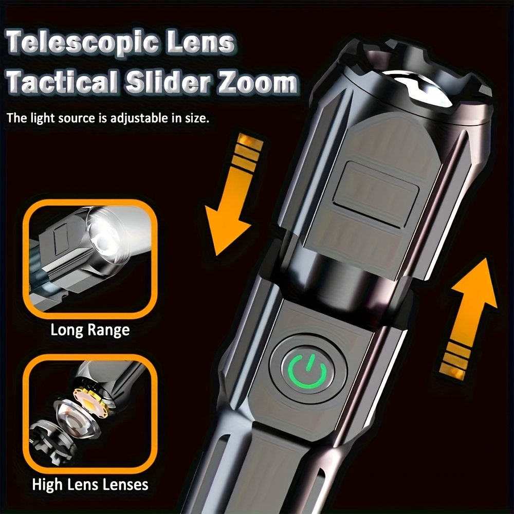 summer outdoor special edition portable high power flashlight 1000  long distance lighting 3 lighting   adjustable focus usb charging suitable for home and outdoor use outdoor lighting tool 1200 mah battery capacity Product details 3