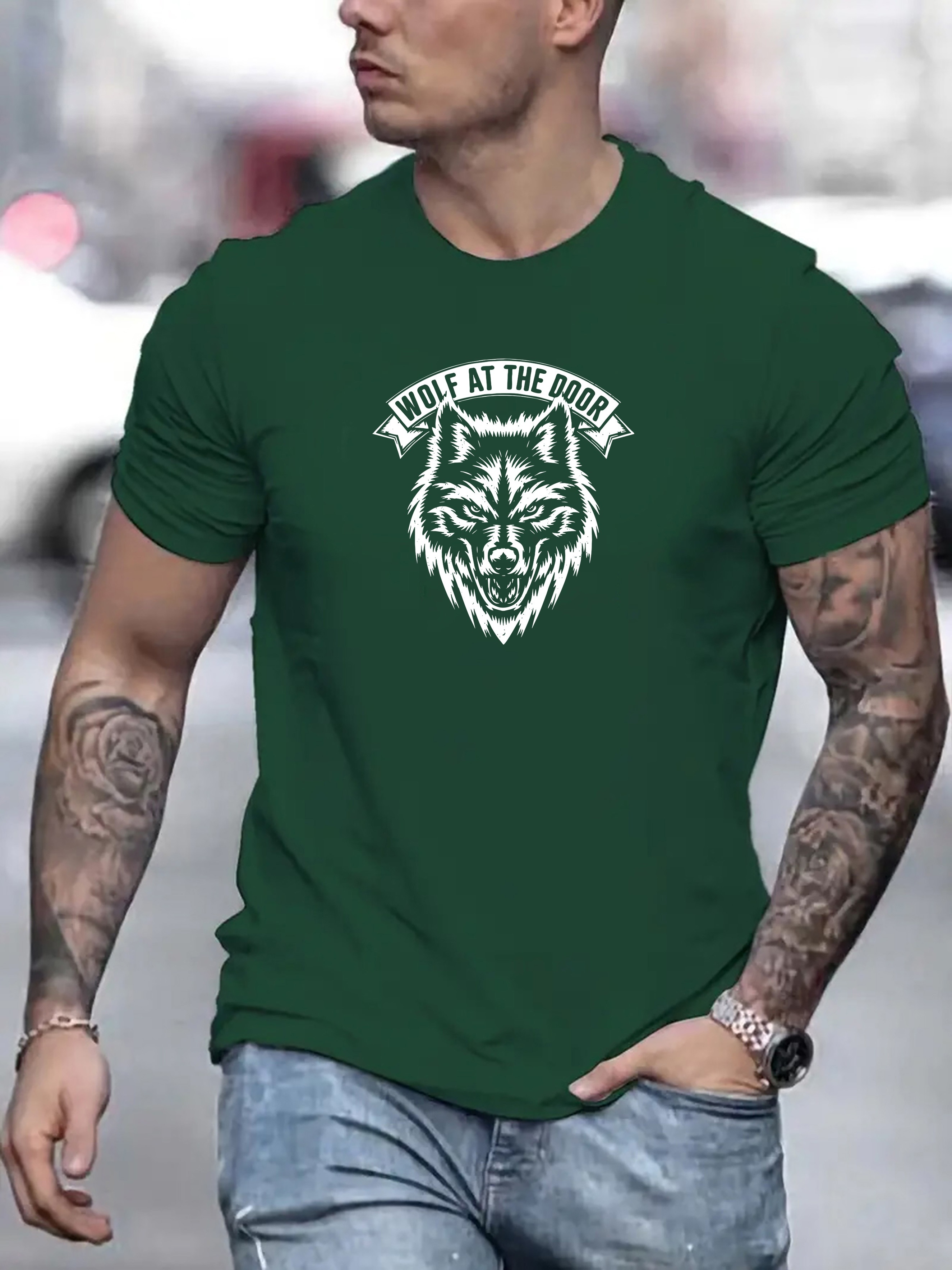 Wolf Graphic Print Men's Creative Top, Casual Short Sleeve Crew Neck T-shirt, Men's Clothing For Summer Outdoor