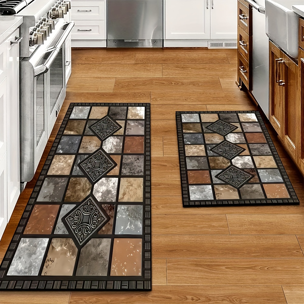 2pcs Vintage Floor Mats, Brown Long Mats, Absorbent And Non-slip, Fast Drying, Machine Washable, Suitable For Bathrooms, Kitchens, , Laundry Rooms, Home Decor Rugs