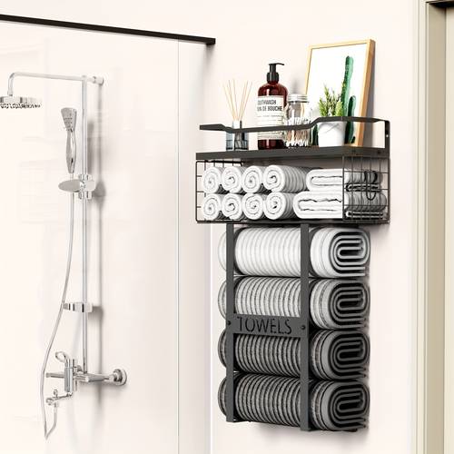 wall mounted towel rack for bathroom bath storage holder set above toilet rolled towel shelf organizer wood vertical rack for small bathroom decor