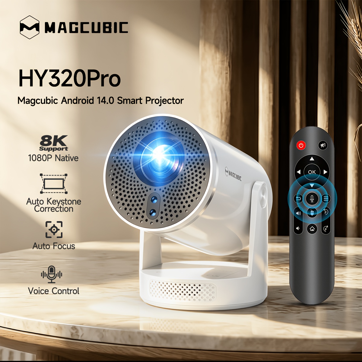 Image of Magcubic Smart Short Throw Projector, Local 1080p Support 8k, 550 Ansi , 14.0 Os, Wifi 6 Bt5.4, Integrated Built-in 3w Speaker With Voice Control, 180° Rotatable Design