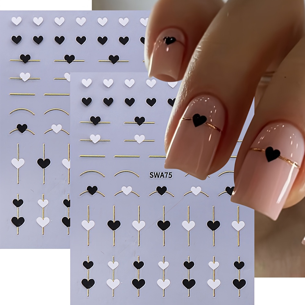 

2pcs Strips Nail Stickers 3d Love Heart Black Valentine's Day Nail Art Decals For Diy Manicure Nail Decorations